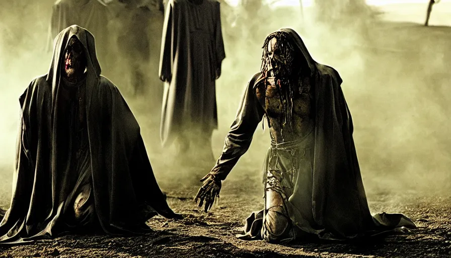 Image similar to Movie by Ridley Scott about a lavishly dressed necromancer priest kneeling before a crucified cyborg zombie