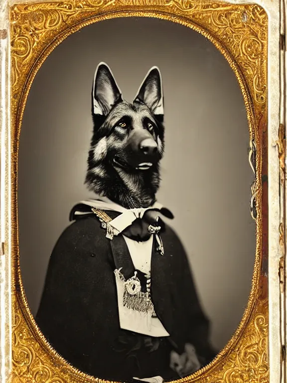 Image similar to professional studio photo portrait of anthro anthropomorphic german shepard head animal person fursona smug smiling wearing elaborate pompous royal king robes clothes degraded medium by Louis Daguerre daguerreotype tintype