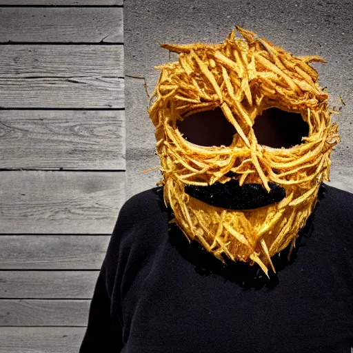 Image similar to an elderly man wearing a mask made from french fries, bold natural colors, national geographic photography, masterpiece, 8 k, raw, unedited, symmetrical balance