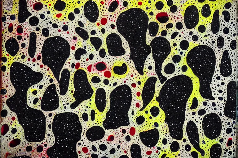 Image similar to teeth, smile, faceless people, black figures, dark, acrylic, clay, dots abstract, dripping, stipple, pointillism, technical, abstract, minimal, style of francis bacon, asymmetry, pulled apart, stretch, cloak, eerie, made of dots, abstraction chemicals, blotter, mask, colored dots, splotch, old painting style