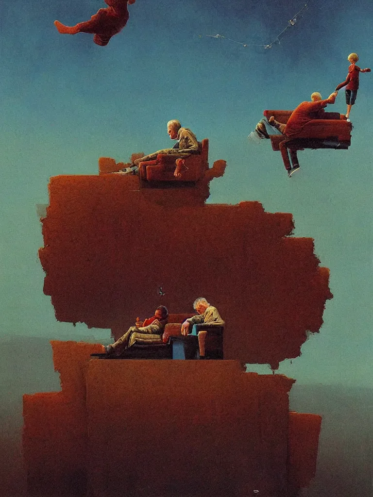 Image similar to boy flying in skies , old couple sitting on a couch, psx game graphics , Beksinski painting