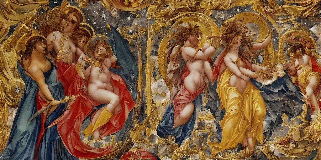 Prompt: majestic holy neorococo sistina saint Woman Venus godness Athena beautiful gracious pagans marble and gold in space stars clouds doves suns greeks war and peace trinity