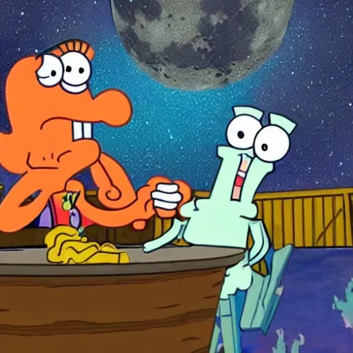 Image similar to Squidward arm wrestling with cowboys on the moon in an episode of Spongebob