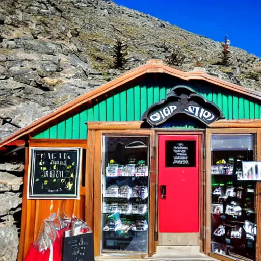 Prompt: a gift shop at the top of a mountain