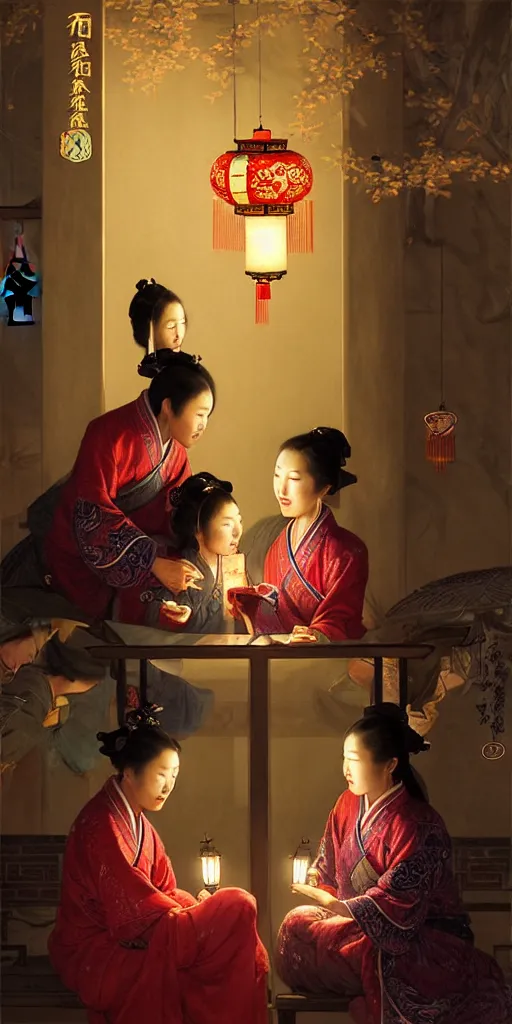 Image similar to mid - autumn night, ancient chinese women look at lanterns together, fine details. night setting. realistic shaded lighting poster by craig mullism, artgerm, jeremy lipkin and michael garmash, unreal engine, radiant light, detailed and intricate environment, digital art,