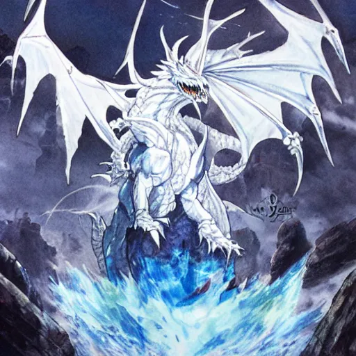 Prompt: Ice castle floating high above the ground being circled by a magnificent white scaled ice dragon, drawn by Yoji Shinkawa, water color, Dungeons and Dragons, Wizards of the Coast