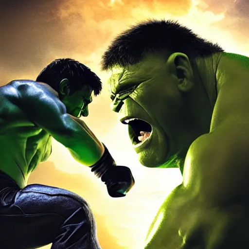 Prompt: hulk fighting juggernaut cain marko in an epic action scene, jumping, fists, explosive, marvel cinematic universe, photo realistic, super high resolution, shocking lights