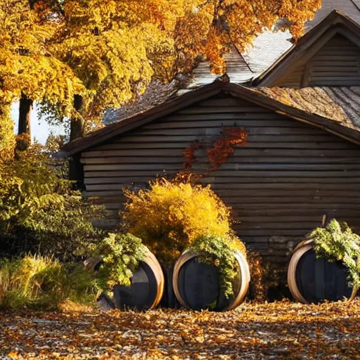 Image similar to autumn with fallen leaves, some wooden barrels outside the wooden house, the setting sun shines on the house and the ground, warm yellow tones, ilustration