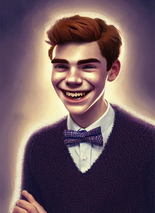 Image similar to portrait of teenage archie andrews, freckles, curly middle part haircut, curly hair, middle part hairstyle, smiling kindly, wearing a bowtie and sweater vest, intricate, elegant, glowing lights, highly detailed, digital painting, artstation, concept art, smooth, sharp focus, illustration, art by wlop, mars ravelo and greg rutkowski