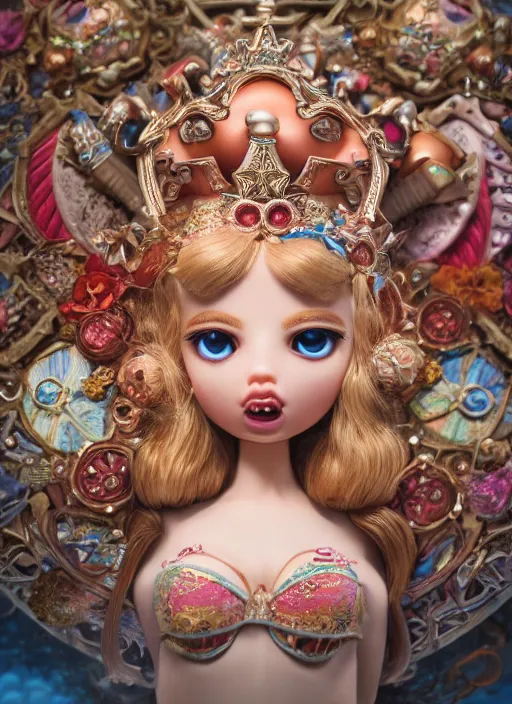 Image similar to closeup portrait of tin toy fairytale princess bikini, depth of field, zeiss lens, detailed, symmetrical, centered, fashion photoshoot, by nicoletta ceccoli, mark ryden, lostfish, breathtaking, 8 k resolution, extremely detailed, beautiful, establishing shot, artistic, hyperrealistic, octane render