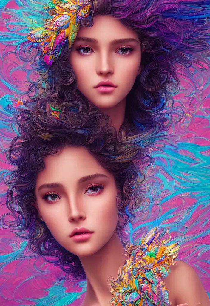 Image similar to beautiful, young woman, detailed gorgeous face, vaporwave aesthetic, synthwave, colorful, psychedelic, water droplets, feathers, crown, artstation, concept art, smooth, extremely sharp detail, finely tuned detail, ultra high definition, 8 k, unreal engine 5, ultra sharp focus, illustration, art by artgerm and greg rutkowski and alphonse mucha