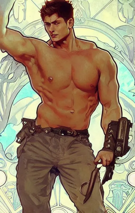 Image similar to pretty muscular dean winchester as a character in romance book art design, character concept, sharp focus!, ultra detailed, art by artgerm alphonse mucha, wlop