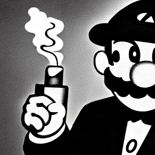 Image similar to super mario as a mafia boss smoking a cigar whilst playing poker, dark atmosphere, very detailed, cinematic lighting