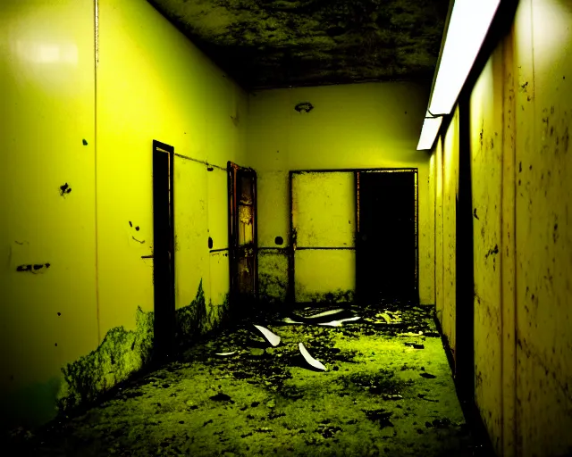 Image similar to the backrooms, the eerie forlorn atmosphere of a place that's usually bustling with people but is now abandoned and quiet, walls with tone of yellow, buzzing fluorescent lights, unsettling images