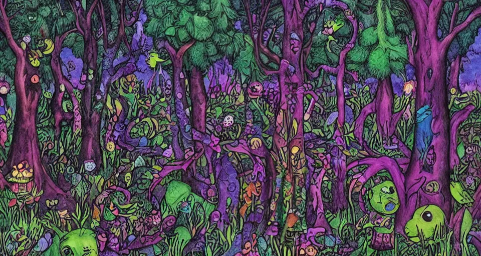 Prompt: A dense and dark enchanted forest with a swamp, by Lisa Frank,