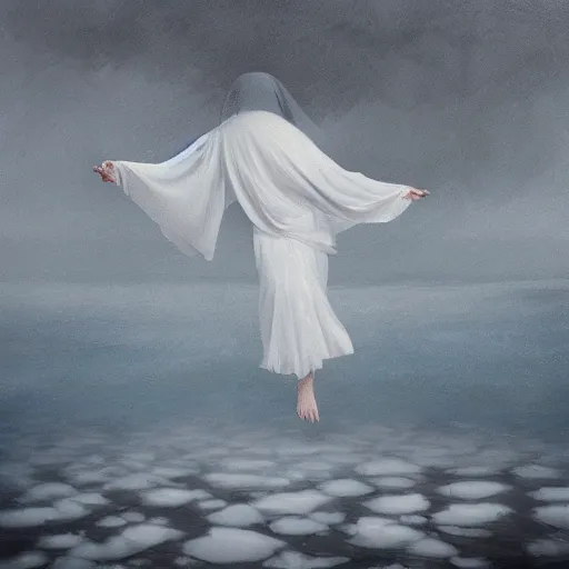 Image similar to ominous bedsheet ghost floating above a frozen lake, oil painting, brush strokes, gloomy foggy atmosphere, symmetrical, full body image, highly ornate intricate details,