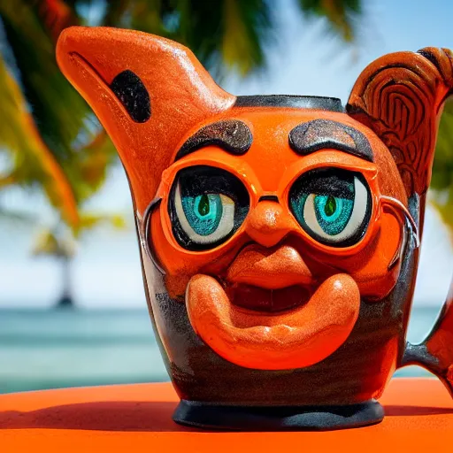 Image similar to a closeup photorealistic photograph of a glossy orange cat garfield style tiki mug sitting at a trader vic's beach bar featuring garfield's face. tiki theme. bright scene. fine detail. this 4 k hd image is trending on artstation, featured on behance, well - rendered, extra crisp, features intricate detail, epic composition and the style of unreal engine.