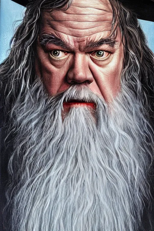 Prompt: A realistic portrait painting of Jack Black as Gandalf in LOTR by Sebastian Krüger
