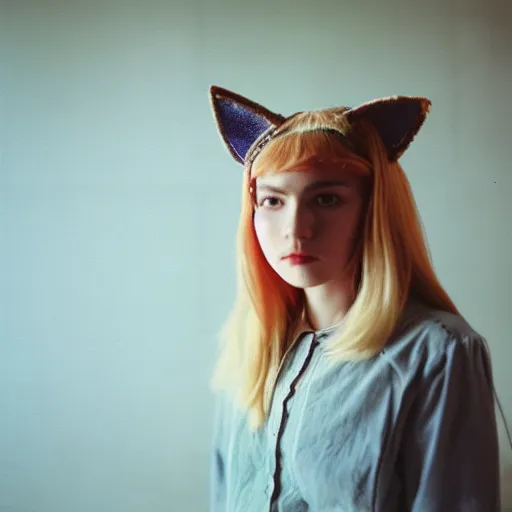 Prompt: woman with cat ears wearing a shirt, cinestill 8 0 0 t 3 5 mm