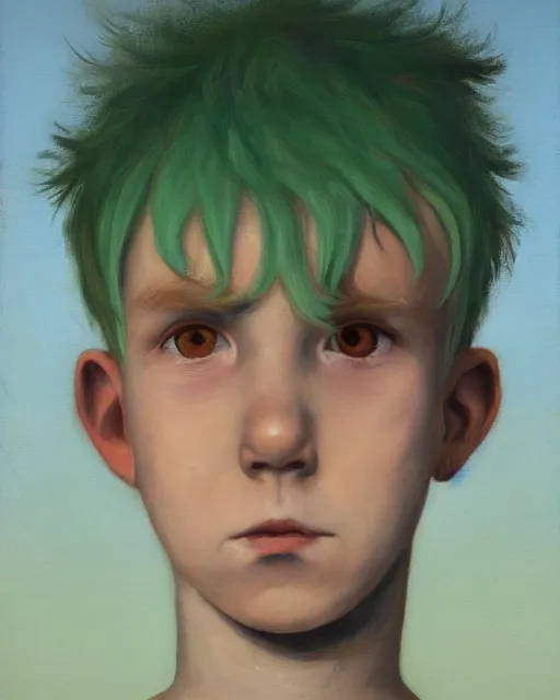 Image similar to a contemporary painting of a portrait of a boy with mintgreen hair and two devil horns and an eye patch by Caspar David Friedrich, Trending on ArtStation, brown blue color scheme