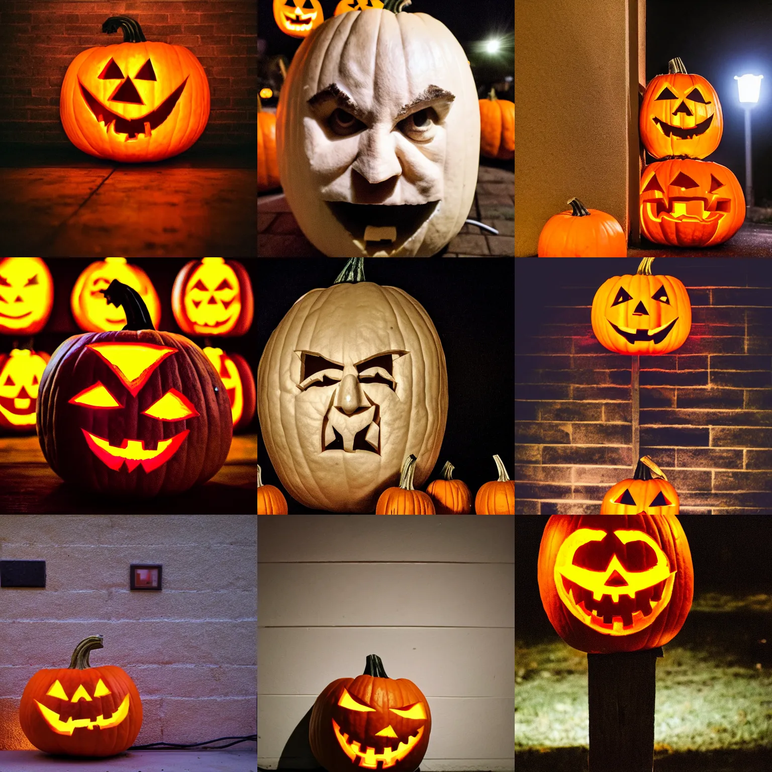 Prompt: high quality dslr photo of a pumpkin carved to resemble seth rogen's face, jack - o'- lantern, placed outside a shed, lamps on the wall, nighttime, full moon, light clouds, realism, halloween, cinematic, dramatic lighting, ultra detailed