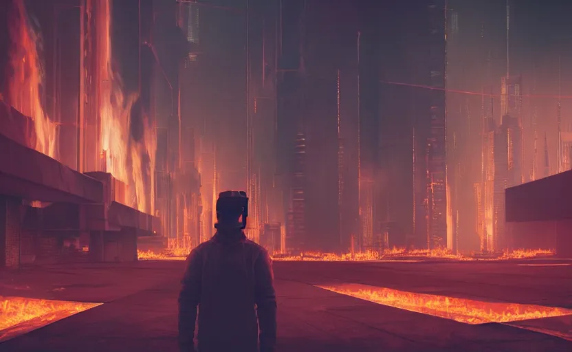 Image similar to a 3 d render of a person standing in the ruins a futuristic city with fires and plumes of smoke in the background, cyberpunk with lights and electricity and neon, bokeh, canon 5 0 mm, cinematic lighting, volumetric light, octane, octane render, redshift render