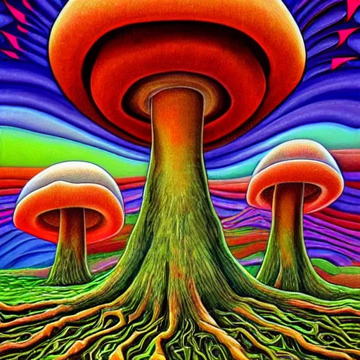 Prompt: mushroom universe by Alex Gray, oil painting, highly detailed, psychedelic