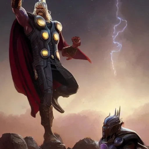 Prompt: thor and thanos geog darrow greg rutkowski