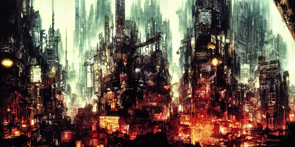 Prompt: concept art of city of midgar from final fantasy 7, rapture, dark atmosphere, hanafuda oil on canvas by ivan shishkin, james jean and yoji shinkawa