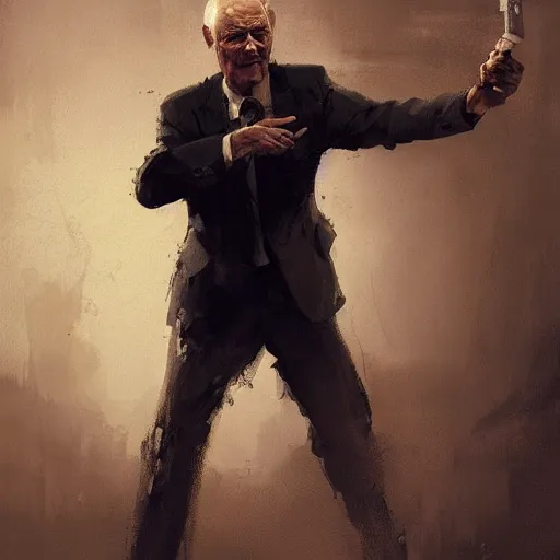 Image similar to old man portrait, throwing hand grenade, greg rutkowski art