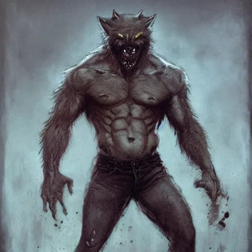 Prompt: werewolf lycanthrope grinning razorpunk vile reprobate jason statham ripped physique portrait Wolfman Wolfman Fenrir with tombow jonas de ro odd nerdrum greg rutkowski frank frazetta alexandre briclot Dave Dorman splatterpaint