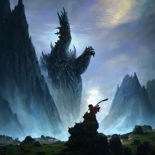 Image similar to ysgard heroic domains floating islands of land group adventurers vikings knight mage fighting dragon epic battle castle good composition correct anatomy artstation 4 k illustration sharp focus, sunlit, painted by ruan jia, raymond swanland, lawrence alma tadema, zdzislaw beksinski, norman rockwell, jack kirby, tom lovell, alex malveda, greg staples