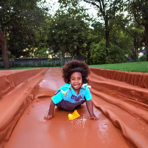 Image similar to kid sliding down chocolate pudding slip n slide head first, professional photo taken at the park