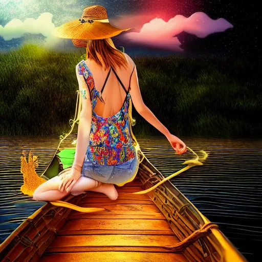 Image similar to digital art girl in straw hat with dragon tatoo with lights traveling around swamp in boat