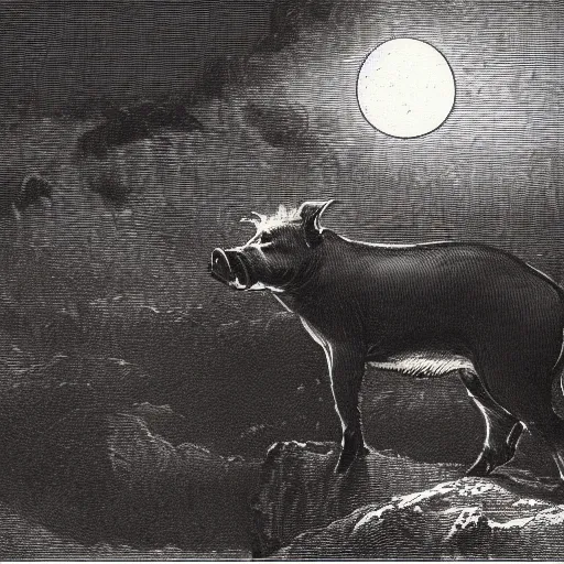 Image similar to pig in a tuxedo in front of the moon, dark clouds, high detail, dramatic light, illustration by gustave dore