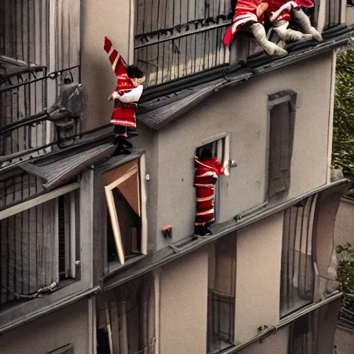 Image similar to some dwarfs are making some backward somersault from a balcony, photography