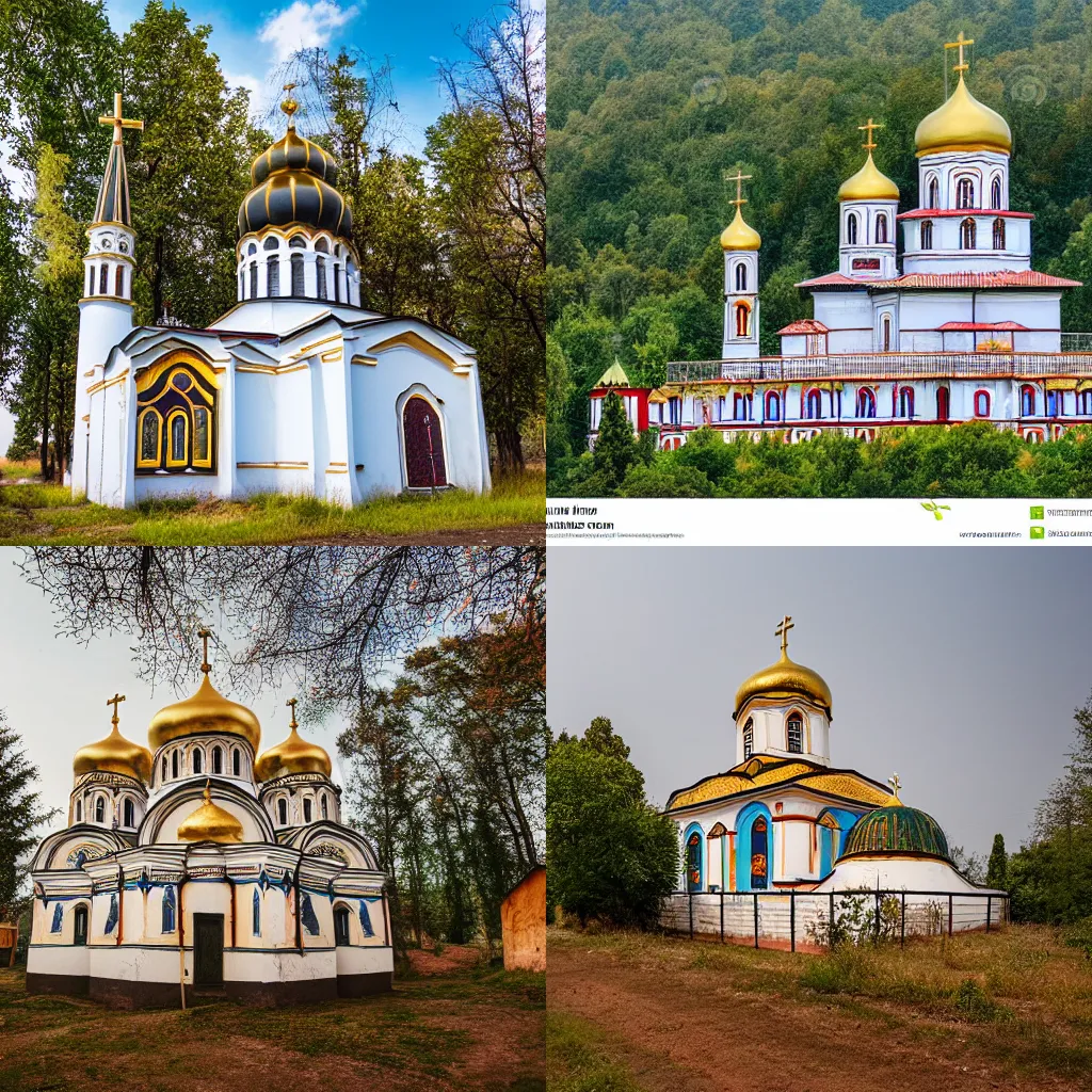 Prompt: landscape photo of orthodox church with walls painted in khokhloma style, at forest, wide angle