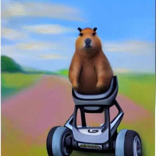 Prompt: impressionist painting of a capybara standing up riding a Segway