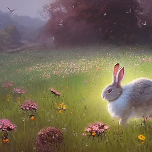 Image similar to a rabbit in a field of beautiful flowers, by stanley lau and greg rutkowski