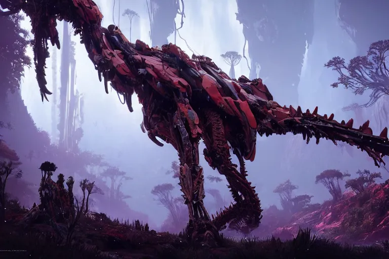 Image similar to wide epic shot. a hyper detailed fanghorn evangelion realistic mechanical and organic creature similar look as horizon forbidden west horizon zero dawn, bioluminiscence in a dark deep forest at dawn in spring, with reflection and textures, by kilian eng, substance painter reaslitic mech surface metal painted scratches, world env from horizon forbidden west horizon zero dawn