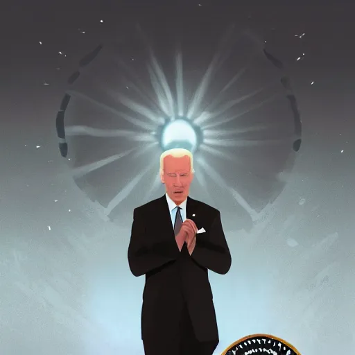Image similar to President Joe Biden. Glowing eyes. Fantasy concept art.