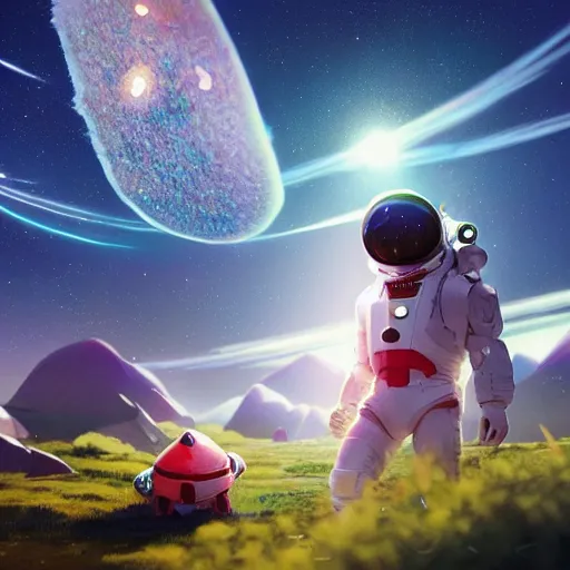 Image similar to astroneer chasing a distant spaceship Anime, wide angle, fine details, cinematic. galaxy starscape. realistic shaded lighting by Ilya Kuvshinov Giuseppe Dangelico Pino and Michael Garmash and Rob Rey greg rutkowski, octane render, IAMAG premiere, aaaa achievement collection, elegant freckles, cinematic hologram, fabulous, daily deviation, 4k, 8k, annual award winner