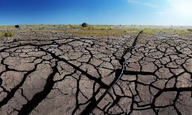 Image similar to panorama of big raindrops flying upwards into the perfect cloudless blue sky from a dried up river in a desolate land, dead trees, blue sky, hot and sunny highly-detailed, elegant, dramatic lighting, artstation, 4k, cinematic landscape, photograph by National Geographic