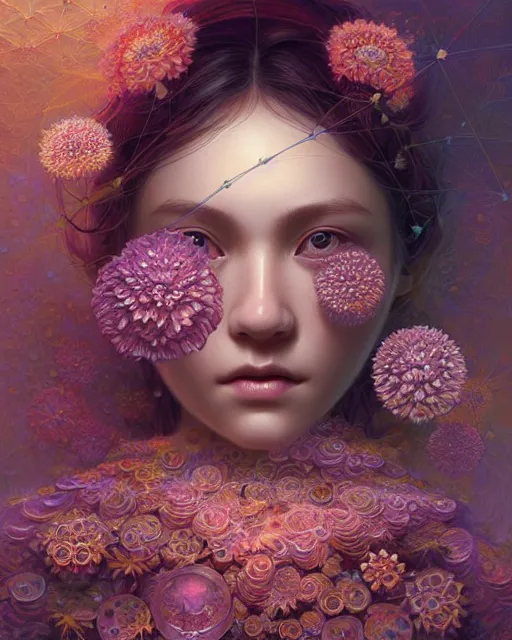 Prompt: instrument of life, fractal intricate petals, fractal crystal, beauty portrait by wlop, james jean, victo ngai, big eyes, beautifully lit, muted colors, highly detailed, artstation, long hair, fantasy art by craig mullins, thomas kinkade