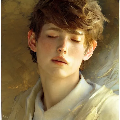 Prompt: detailed portrait of serene anime boy adam, closed eyes, natural light, painting by gaston bussiere, craig mullins, j. c. leyendecker