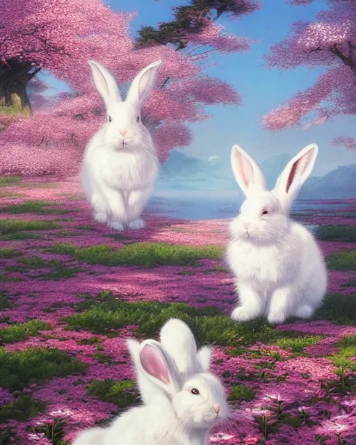 Prompt: ink on paper portrait of two white bunnies, super realistic, highly detailed, rule of thirds, in colorfull kimonos in the foreground of a surreal environment with cherry blossoms, volumetric light, dof, by greg rutkowski and michael whelan