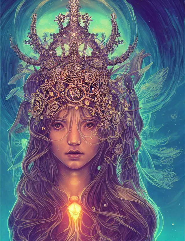 Image similar to symmetrical, centered, goddess close-up portrait wigh crown made of skulls. phoenix betta fish, phoenix, bioluminiscent creature, super intricate ornaments artwork by Tooth Wu and wlop and alena aenami and greg rutkowski