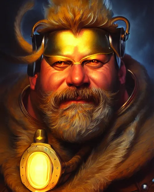 Image similar to torbjorn from overwatch, fantasy, fantasy art, character portrait, portrait, close up, highly detailed, intricate detail, amazing detail, sharp focus, vintage fantasy art, vintage sci - fi art, radiant light, caustics, by boris vallejo