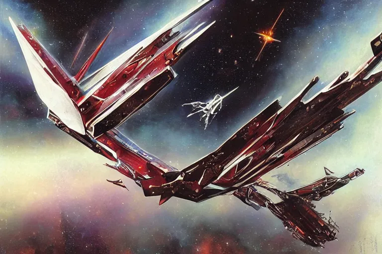 Image similar to gnostic space nebula with debris by raymond swanland, framing a pteranodon battlecruiser, with white kanji insignias, sleek, white john berkey panels, wine red trim, Ralph mcquarrie insets. spines and towers, rows of windows lit internally, sensor array, blazing engines, robotech styling, boeing concept art, cinematic lighting by liam wong