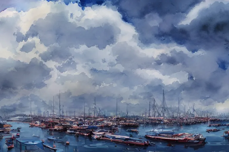 Image similar to An harbor in the clouds by Nick Runge, watercolor, hyper detailed, artstation